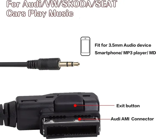 Vista 6 de Cable auxiliar AMI MDI MMI de 6.6 pies, adaptador de interfaz de música de audio Jack de 0.138 in, cable MP3 auxiliar para Audi