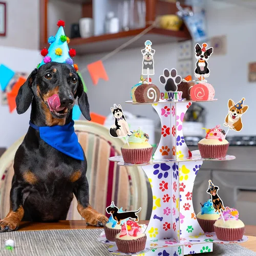 Vista 6 de Bokon Soporte de 3 niveles para cupcakes de perro y 24 piezas de decoración para cupcakes para perros, suministros de fiesta de cumpleaños