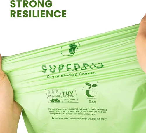 Vista 6 de SUPERBIO Bolsa de Basura de Cocina Compostable con Cordón de 13 Galones, 49.2 Litros, 30 Unidades, 1 Mil, Bolsas Resistentes para Desechos