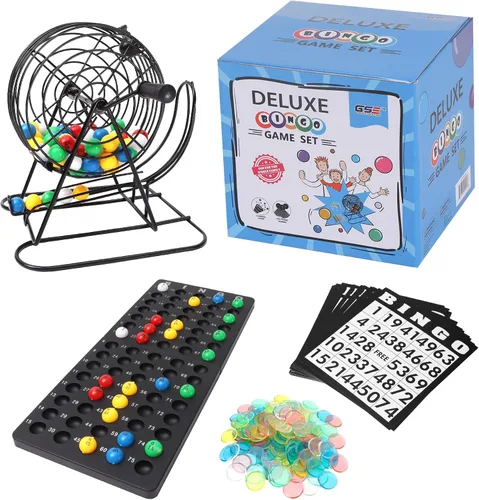 Vista 11 de GSE Games & Sports Expert Juego de bingo de lujo con jaula de acero, tablero maestro, 75 bolas, 150 fichas, 18 tarjetas de bingo para fiestas