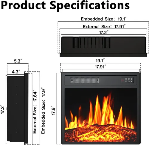 Vista 2 de PRETZI Inserto de chimenea eléctrica de 18 pulgadas, calentador de chimenea empotrado con temporizador de 8 horas, control remoto y panel