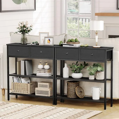 Vista 5 de HOOBRO Mesa consola estrecha de 29.5 pulgadas con 2 cajones de tela, mesa Negro