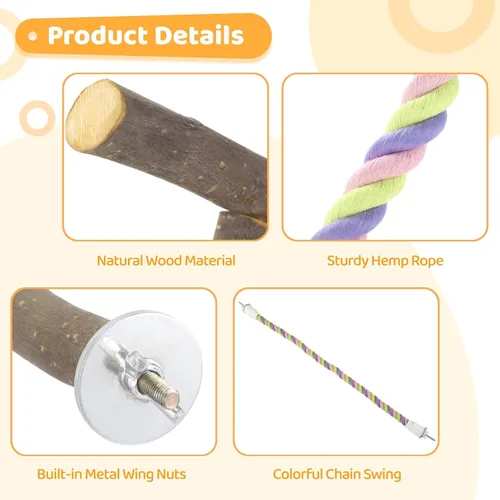 Vista 4 de 8 perchas para pájaros, soporte de madera de manzana natural con cuerda elástica de 22.4 pulgadas, juguetes para masticar pájaros y accesorios