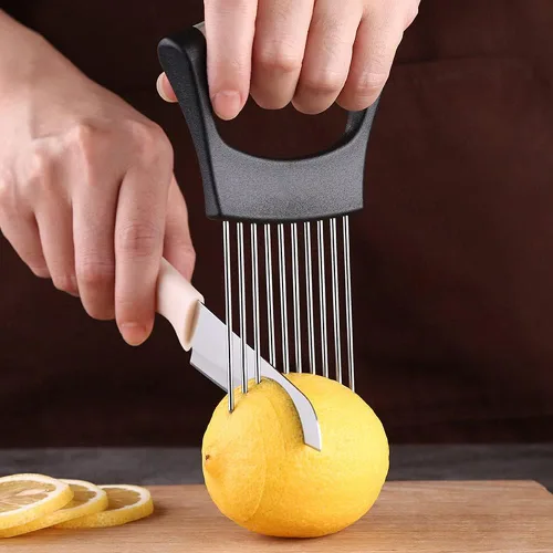 Vista 3 de Cortador de tomate con cebolla, herramienta práctica de rebanar de cocina con 10 puntas uniformes para rodajas de cebolla, limón, patata, tomate