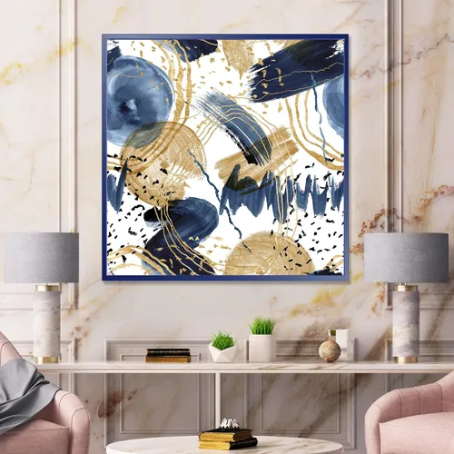 Vista 2 de DesignQ Patrón abstracto con texturas azul oscuro y dorado, lienzo enmarcado moderno para pared