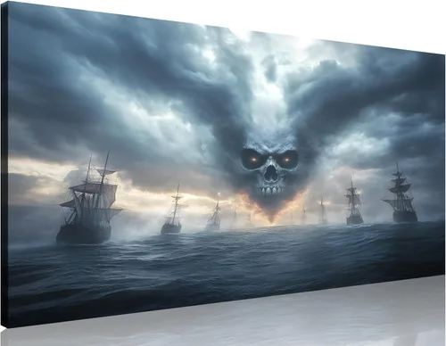 Vista 20 de TutuBeer 3 Piezas Arte de Pared Batalla Naval Barco Imagen Barco Pirata Velero Póster Barco Pirata Azul en Llamas Imagen Impresa en Lienzo Póster