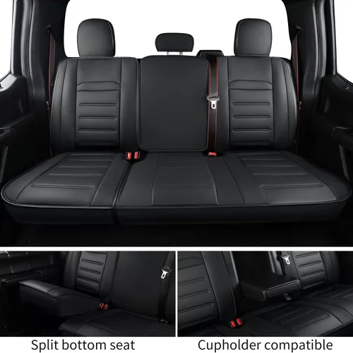 Vista 7 de LUCKYMAN CLUB Fundas de asiento de piel sintética para F150, compatibles con F150 SuperCrew 2015-2024, y F250 F350 F450 Super Duty Crew Cab Negro