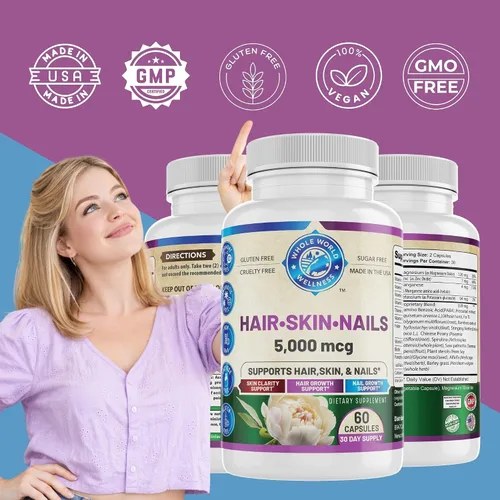 Vista 5 de Suplemento saludable para la piel y las uñas para mujeres y hombres Apoya la claridad de la piel, el crecimiento del cabello y la fuerza