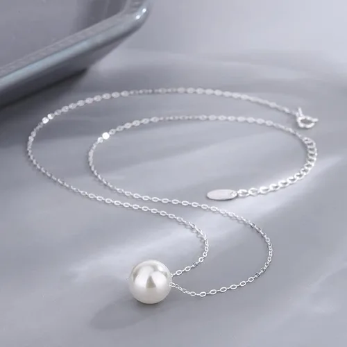 Vista 4 de Gargantilla flotante de plata de ley 925 con perlas de concha de 0.315in, collar de dama de honor para mujer, color blanco (CYX0009), Perla, Perla