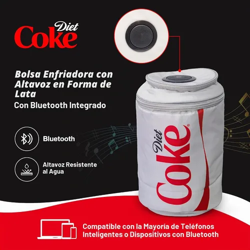 Vista 2 de Bolsa enfriadora con forma de lata de Coca Cola con altavoz Bluetooth, tiempo de reproducción de 5 horas, correas ajustables, cremalleras, tela