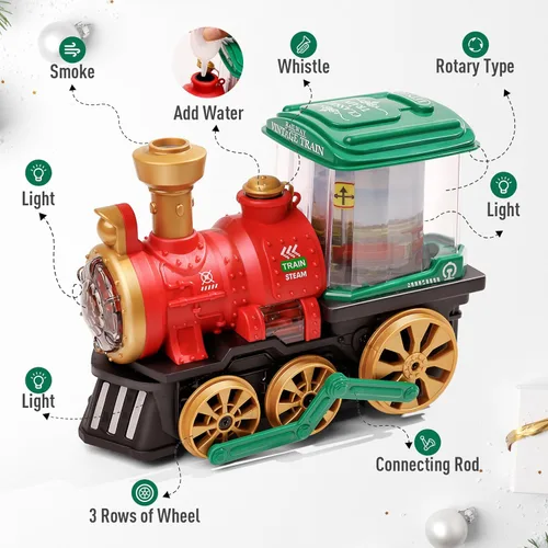 Vista 4 de Juguete eléctrico de tren de vapor para niños pequeños de 3 a 5 años, camión Bump and Go con locomotora de vapor, humo, luz y sonido, rotación