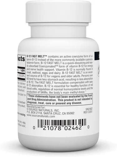 Vista 3 de Source Naturals Vitamina B-12, 5 mg apoya la producción de energía - Fórmula vegana de fusión rápida 60 Apoya la producción de energía