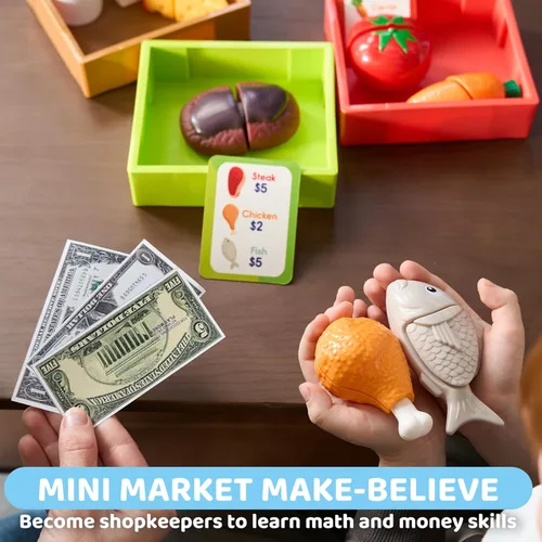 Vista 5 de JOVA lalalark Play Food para niños pequeños, juego de tienda de comestibles para niños, juguete de cocina con estantes de almacenamiento y 6 cajas