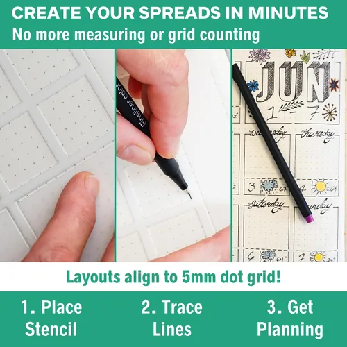 Vista 4 de Speedy Spreads - Plantillas de diario (diseños semanales #1), plantillas x6 para cuaderno de cuadrícula de puntos A5, ahorra tiempo en diseños