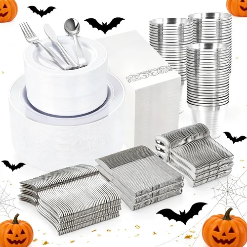 Vista 17 de WELLIFE 210 vajilla de plástico negro con servilletas preenrolladas, incluye: 30 platos llanos, 30 platos de postre, 30 servilletas de papel, 30