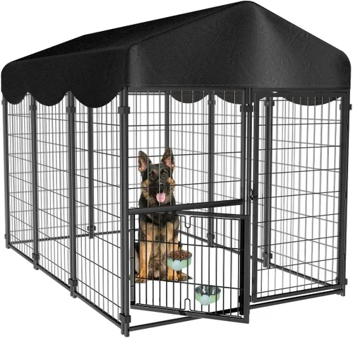 Vista 10 de Perrera resistente para perros al aire libre, perreras cubiertas exteriores con techo, 4 x 4.2 x 4.5 pies, puerta de comedero ajustable para perros
