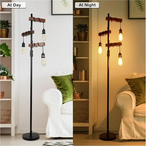 Vista 5 de Lámpara de pie industrial regulable, lámpara de pie de árbol de granja, lámpara de pie de madera de 68 pulgadas, 3 luces, base resistente, luz