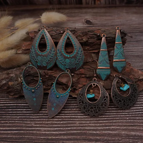 Vista 7 de 11 pares de aretes colgantes vintage para mujer, juego de aretes bohemios, aretes colgantes de flores retro, aretes colgantes de lágrima, sol y luna