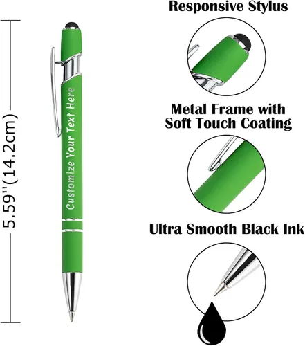 Vista 3 de Aolun Bolígrafos personalizados, bolígrafos con grabado personalizado con lápiz capacitivo, 12 unidades, metal suave al tacto, nombre grabado, Verde