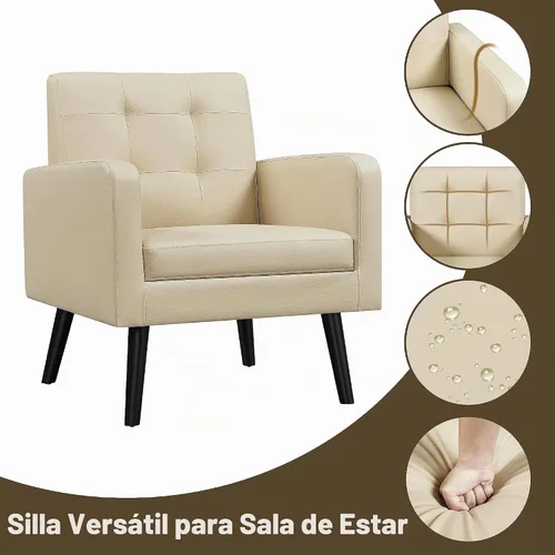 Vista 7 de Yaheetech - Sillas de acento de mediados de siglo, silla moderna tapizada de piel sintética para sala de estar, sillón acogedor con respaldo Beige