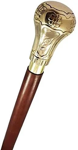 Vista 3 de Asas Artisans Today Deals on - Bastón de madera natural con mango redondo de latón - Elegante bastón de madera para caminar de madera color dorado