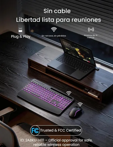 Vista 6 de SABLUTE KM25Pro - Combo de teclado inalámbrico y mouse, teclado ergonómico retroiluminado recargable con batería de 4000 mAh, reposamuñecas