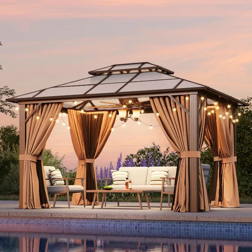 Vista 14 de Aoxun 10'x10' Outdoor Gazebo with Polycarbonate Roof Khaki Single Roof Caqui