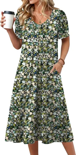 Vista 8 de Zeagoo Vestido de verano para mujer, casual, floral, midi, con bolsillos, cuello en V, plisado, manga corta, estilo alineado, para vacaciones