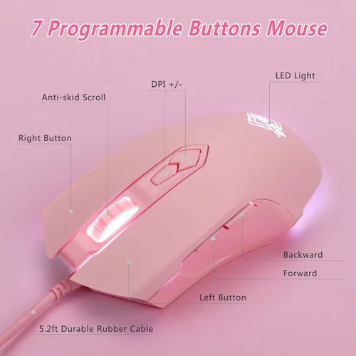 Vista 5 de Lomiluskr Ratones para juegos AJ52 con cable, programables 7 botones, ratones de computadora con retroiluminación LED RGB, 500-2750 DPI ajustable
