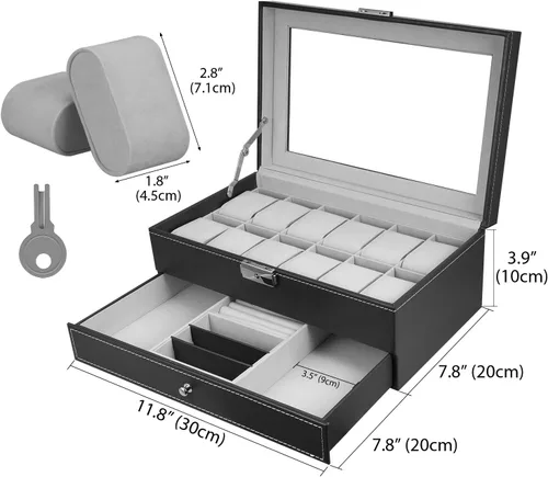 Vista 4 de Hossejoy Caja de reloj de cuero con 12 organizadores de relojes para hombre con cajón de exhibición de joyas organizador de caja de reloj