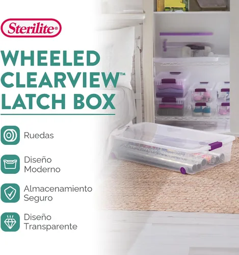 Vista 2 de Sterilite ClearView - Paquete de 4 cajas de cierre ClearView de 60 cuartos de galón, contenedores organizadores con ruedas con tapas de pestillo