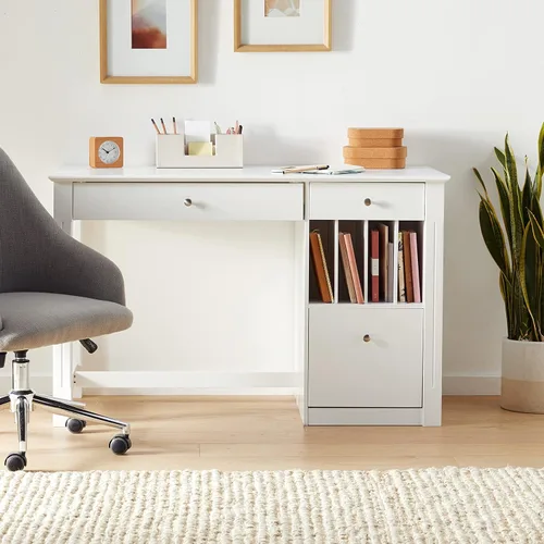Vista 2 de We Furniture, Home Office Deluxe, escritorio para computadora, color negro, Madera Sólida, Blanco