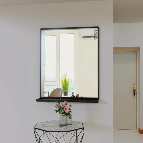Vista 5 de ANYHI Espejos de baño para pared, espejo de pared de metal con estante, perfecto para sala de estar, dormitorio, entrada, rectangular, vertical Negro