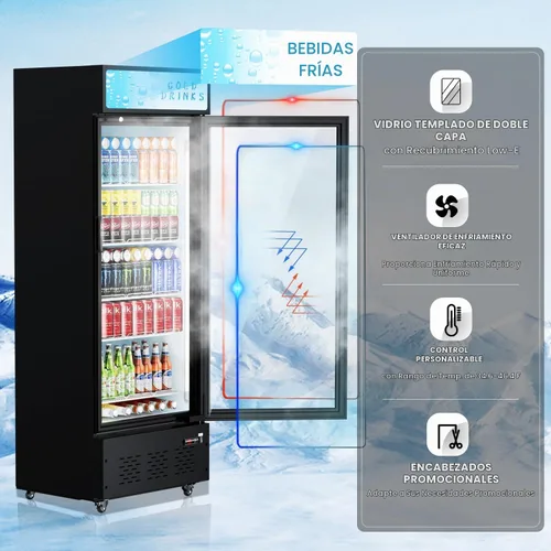 Vista 2 de Refrigeradores comerciales de bebidas Refrigerador de puerta de cristal Puerta de visualización vertical con estantes ajustables