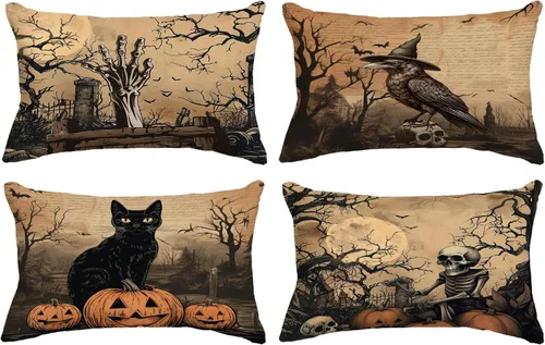 Vista 14 de Fundas de almohada de Halloween de 12 x 12 pulgadas, juego de 4 fundas de almohada decorativas con diseño de truco o trato, fundas de almohada