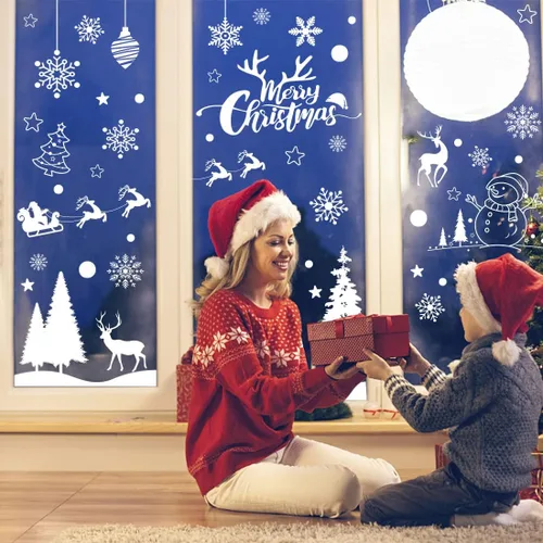 Vista 5 de 148 piezas de calcomanías adheribles navideñas con diseño de copo de nieve para ventana, decoraciones navideñas para ventana