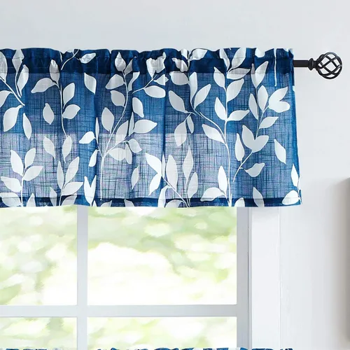 Vista 14 de Treatmentex Cortinas azules de cocina de 24 pulgadas con estampado de hojas blancas cortas para ventanas pequeñas, 2 paneles