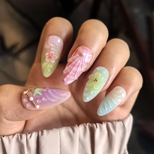 Vista 21 de Uñas postizas a presión medianas con diseño geométrico blanco almendra – 24 uñas postizas reutilizables de ABS brillante, fácil de aplicar, juego