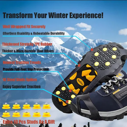 Vista 8 de Tacos de hielo para zapatos y botas, agarre de tacos de tracción de nieve de hielo, pinzas antideslizantes para zapatos, 10 picos de goma de acero