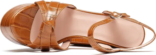 Vista 5 de Mettesally Sandalias de plataforma de tacón alto grueso para mujer, sandalias de punta abierta con correa en el tobillo, zapatos de vestir