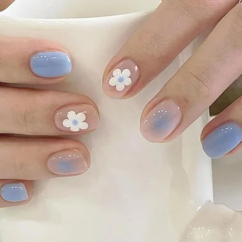 Vista 13 de Uñas postizas a presión de mariposa - Uñas falsas cortas cuadradas con diseños en relieve 3D, punta francesa blanca, acabado mate, acrílico rosa