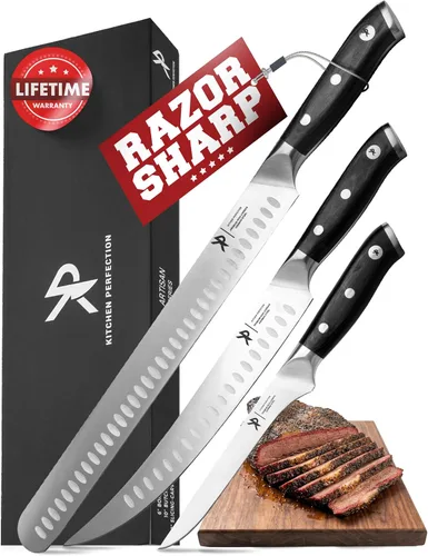Vista 11 de Juego de Tallado de BBQ para Carne - Cuchillo de Cortar Pechuga de 12" + Cuchillo de Deshuesar de 6" con Fundas - Súper Afilado, Acero Alemán