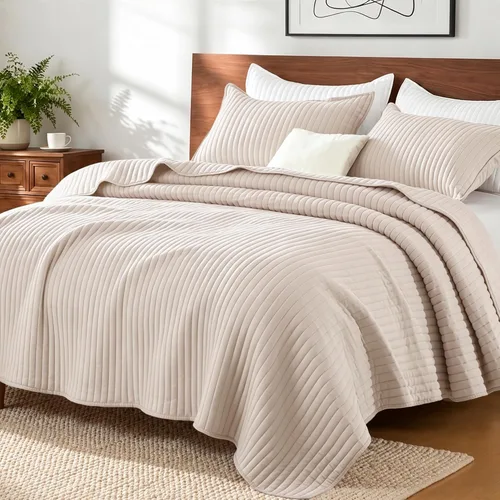 Vista 19 de Exclusivo Mezcla Juego de ropa de cama de edredón acolchado a rayas beige