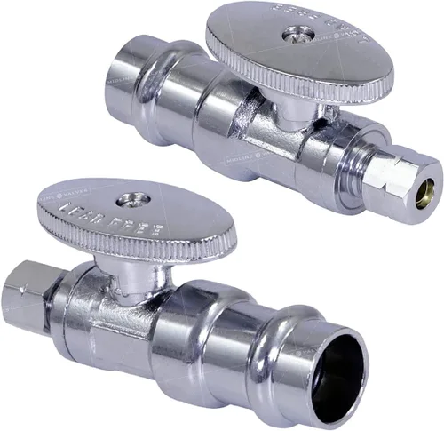 Vista 2 de Midline Valve 93325QS-NL-Q 1/4 Válvula de parada recta de prensa, prensa de 1/2" x 1/4" de diámetro exterior, latón cromado