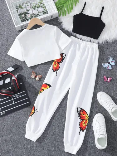 Vista 2 de SOLY HUX Camiseta de manga corta con estampado de mariposas y dobladillo alto y bajo, con pantalones deportivos, 3 piezas