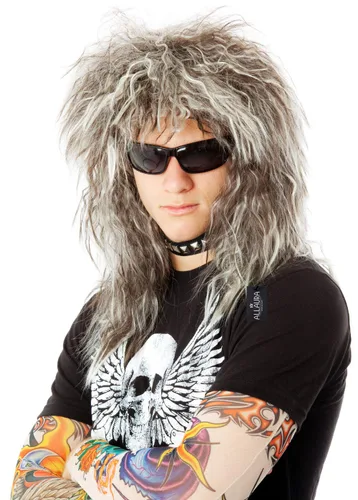 Vista 5 de ALLAURA Conjunto de peluca rockera de los años 70 y 80 para hombre + tatuajes de disfraz. Banda para el pelo glamorosa Rockstar Mullet peluca +