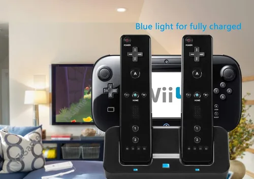 Vista 4 de Wii U Charger Dock Station for Wii Remote & Wii U Gamepad with 2 Rechargeable Batteries Charging Cable Led Indicator -Black