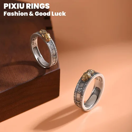 Vista 4 de HETICA Feng Shui Pixiu Mantra Amuleto Lucky Ajustable Anillo Budista Buena Suerte Mantra Doble Protección Riqueza Amor Salud Anillo Vintage Anillo