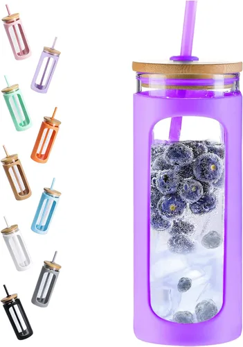 Vista 43 de Kodrine Vaso para agua de vidrio de 20 onzas con popote y tapa, botella de agua con tapas de bambú, taza para café helado, reutilizable, boca ancha