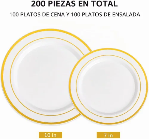 Vista 2 de AOZITA Juego de 200 piezas de platos de plástico dorados, platos desechables resistentes para fiesta y boda, incluye 100 platos de cena y 100 platos